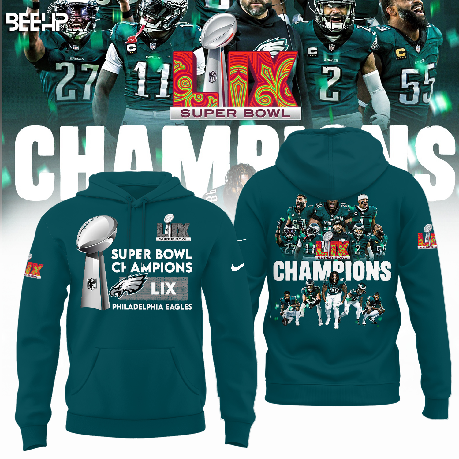 Philadelphia Eagles Super Bowl LIX Champions Midnight Green Hoodie