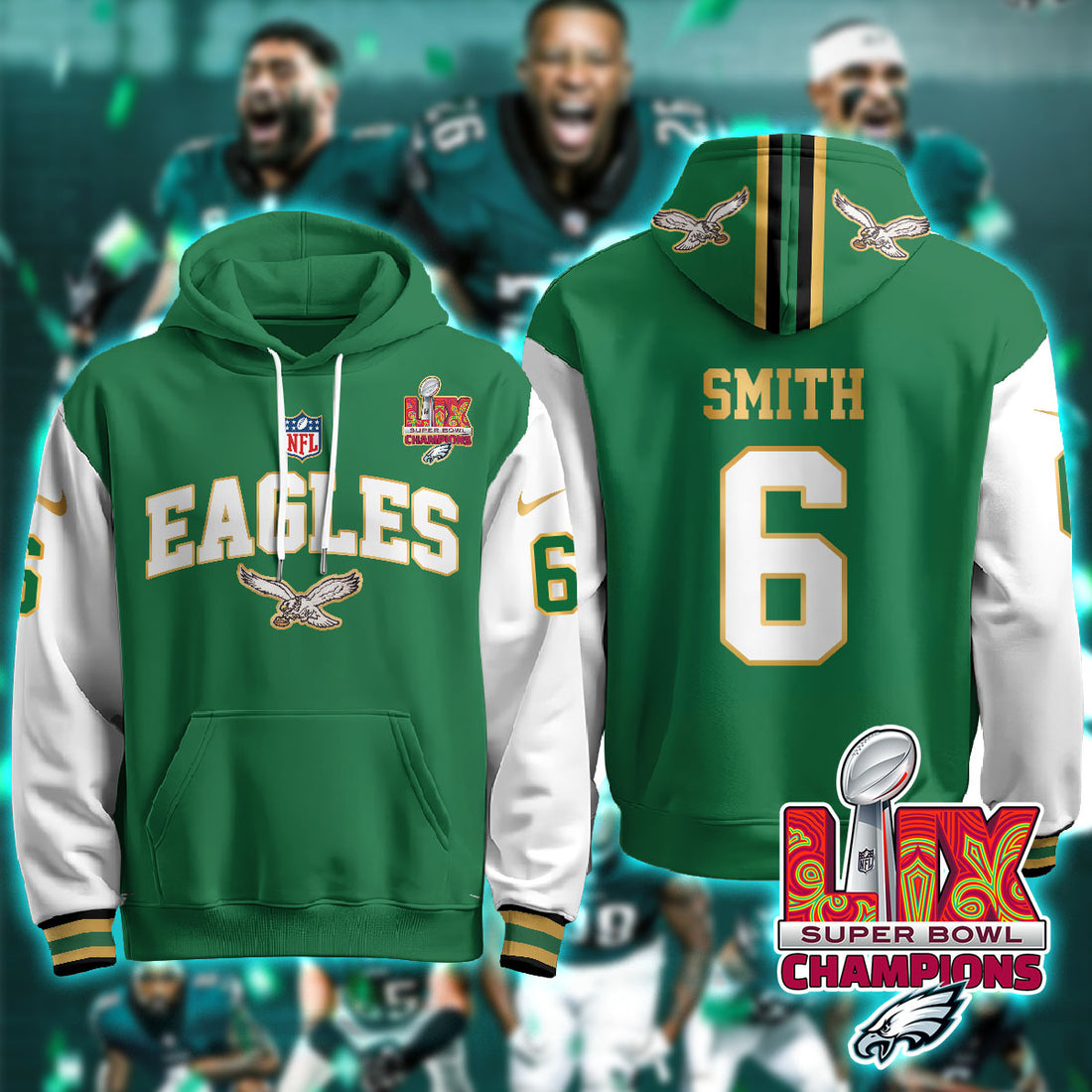 Philadelphia Eagles Smith 6 Super Bowl LIX Champions Gold Green Alternate Hoodie