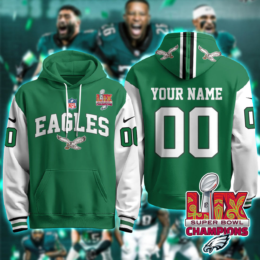 Philadelphia Eagles NFL Super Bowl LIX Champions Custom Green Alternate Hoodie