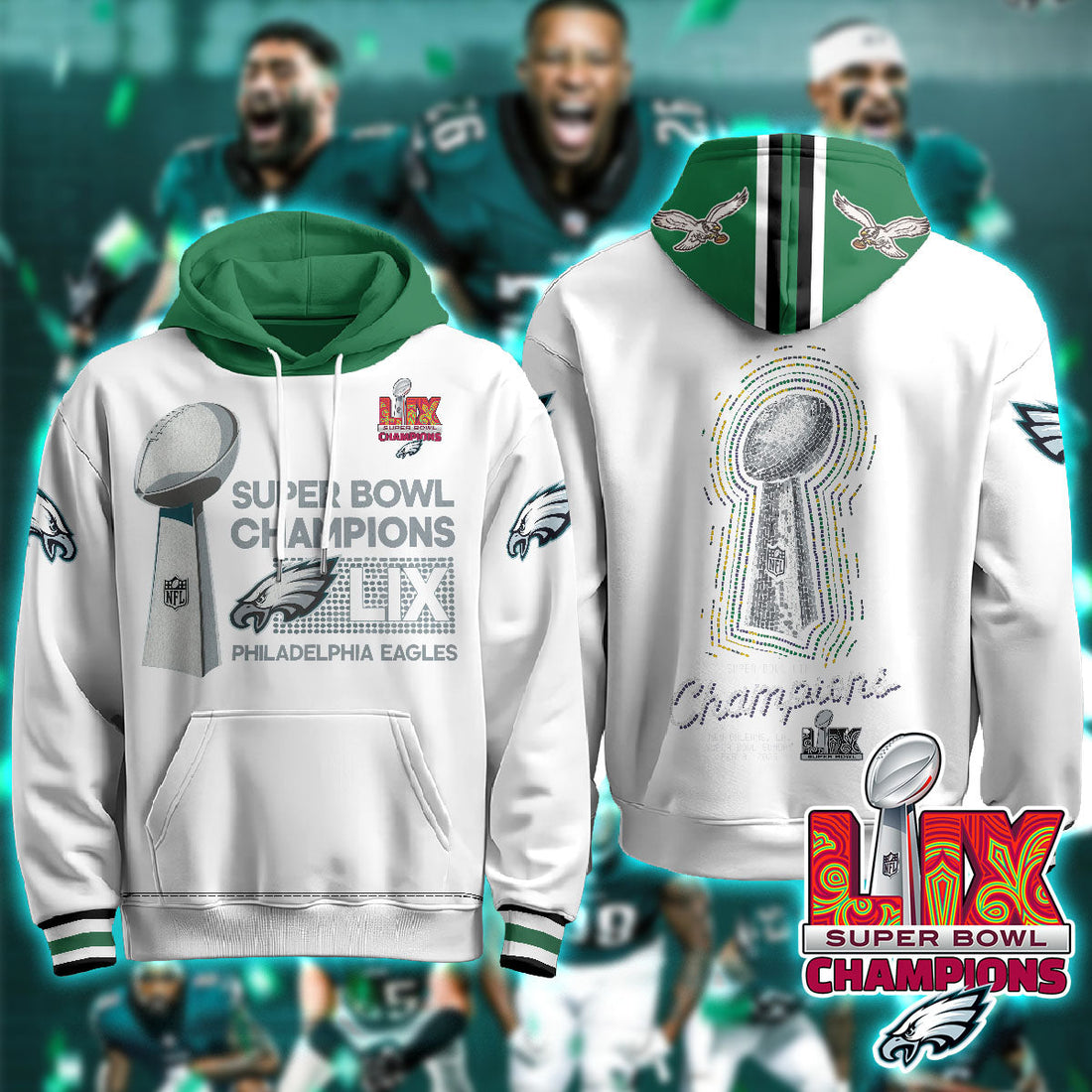 Philadelphia Eagles NFL Football Super Bowl LIX Champions White Hoodie