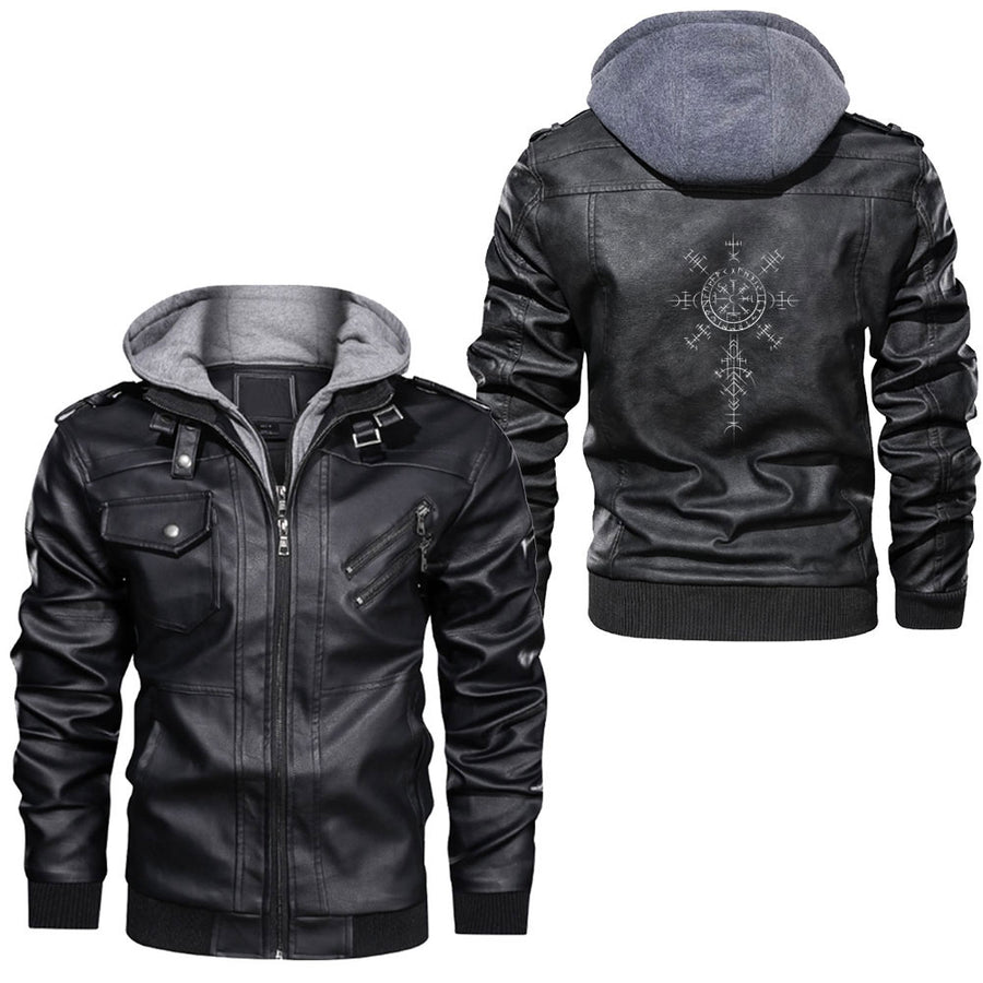 Tspinners - Classic Viking Symbols Compass Vegvisir Nordic Rune Celtic Leather Jacket A35