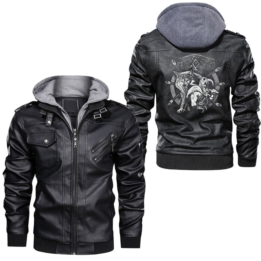 Tspinners - Fenrir Wolf Of Odin With Norse Runes Distressed Leather Jacket A35