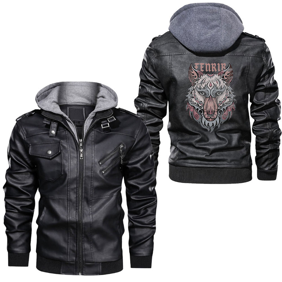 Tspinners - Fenrir Wolf Of Odin Norse Runes Thor Hammer Mjolnir Leather Jacket A35