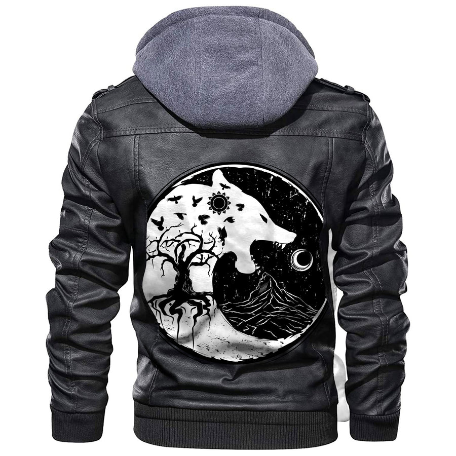 Tspinners - Wolf Swallowing Of The Moon World Tree Raven Leather Jacket A35