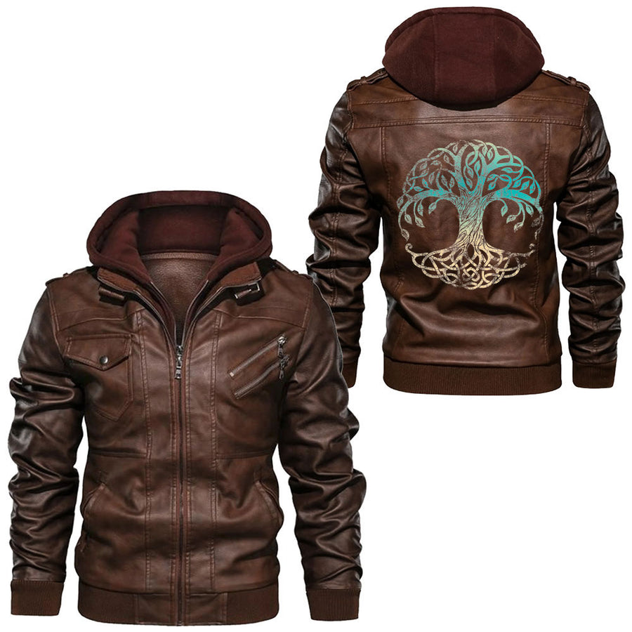 Tspinners - Yggdrasil The Celtic Tree of Life Vintage Nors Leather Jacket A35 - Image 2