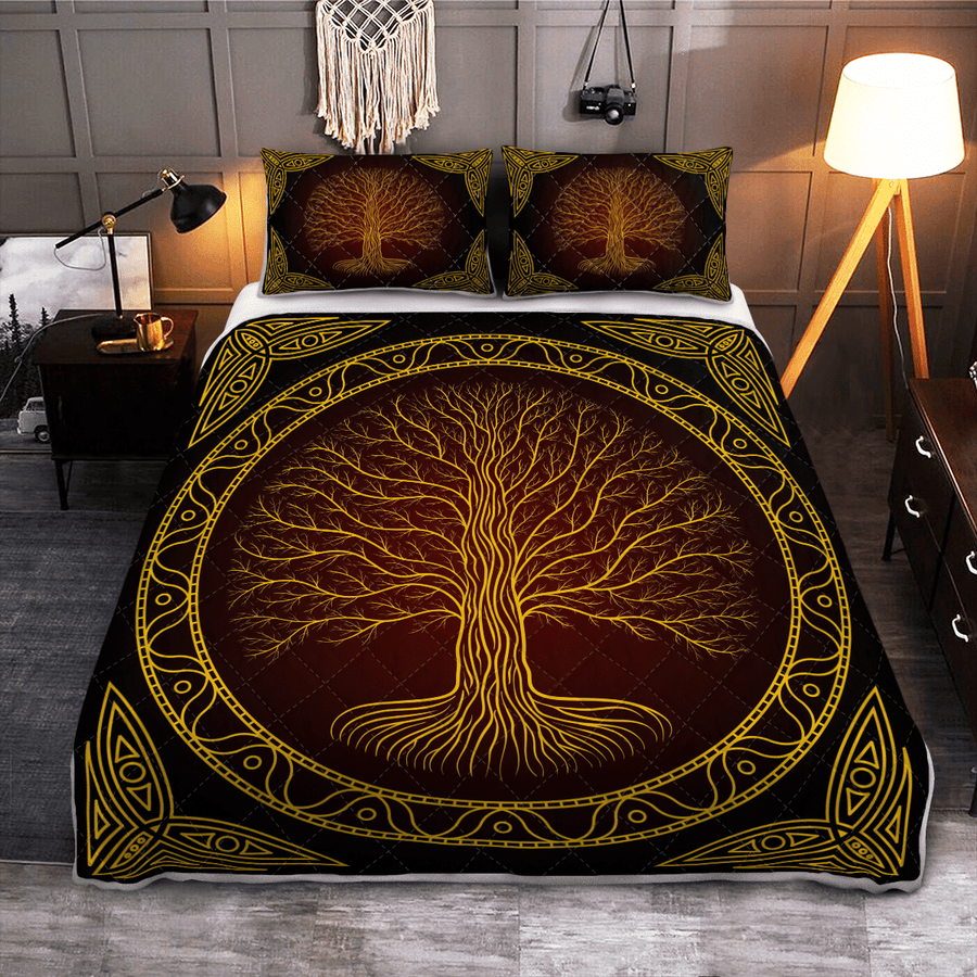 Tspinners Quilt Bed Set - YGGDRASIL TREE AT NIGHT - VIKING QUILT BEDDING SET