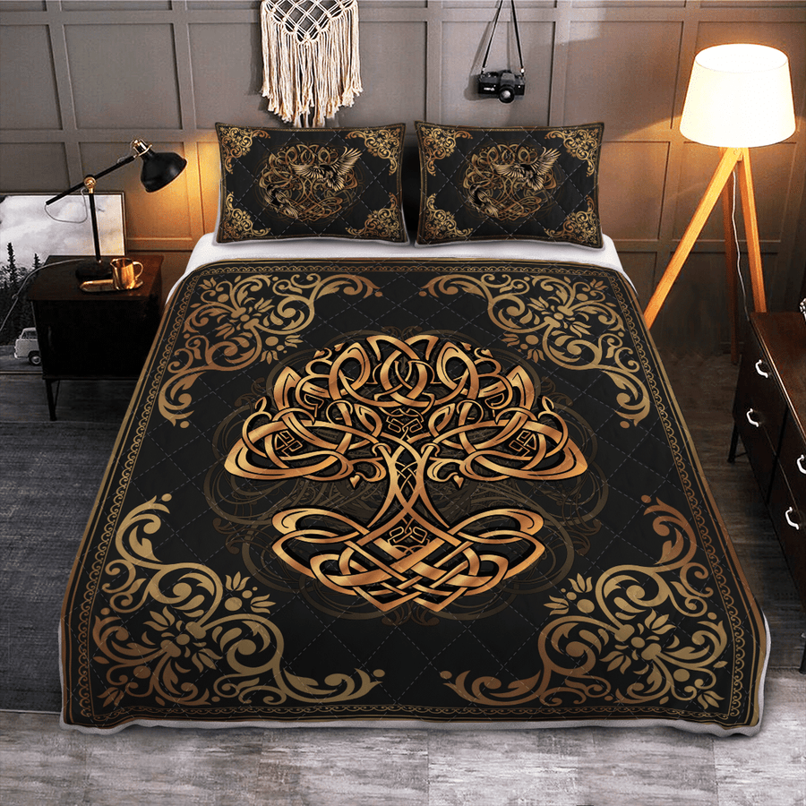 Tspinners Quilt Bed Set - YGGDRASIL - ODIN'S RAVENS HUGINN AND MUNINN- VIKING QUILT BEDDING SET