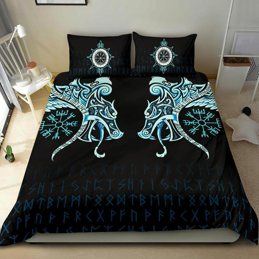 Tspinners Bedding Set, Fenrir Raven And Vegvisir Tattoo Cyan A31