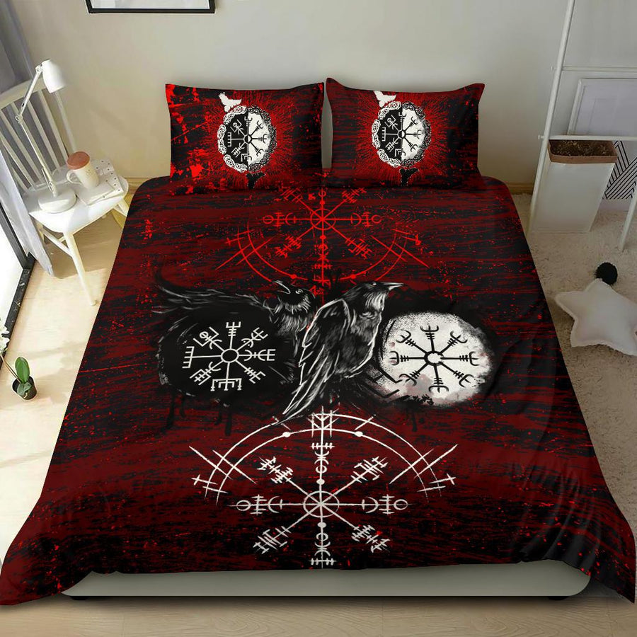 Tspinners - Bedding Set Raven of Odin and Symbol Viking on Blood Background A27