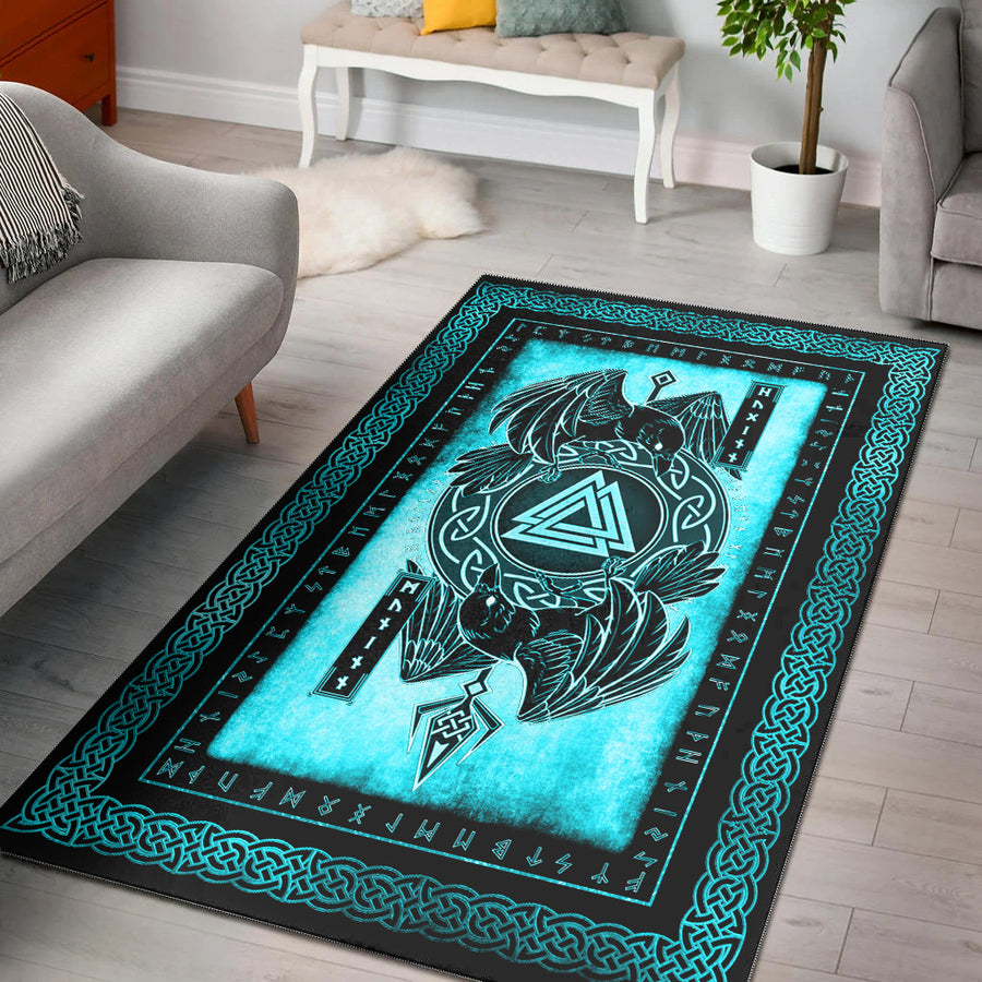 Tspinners Area Rug - Huginn and Muninn Raven Valknut Cyan Area Rug A35