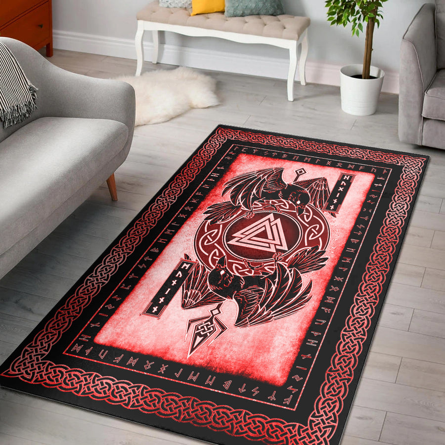 Tspinners Area Rug - Huginn and Muninn Raven Valknut Red Area Rug A35