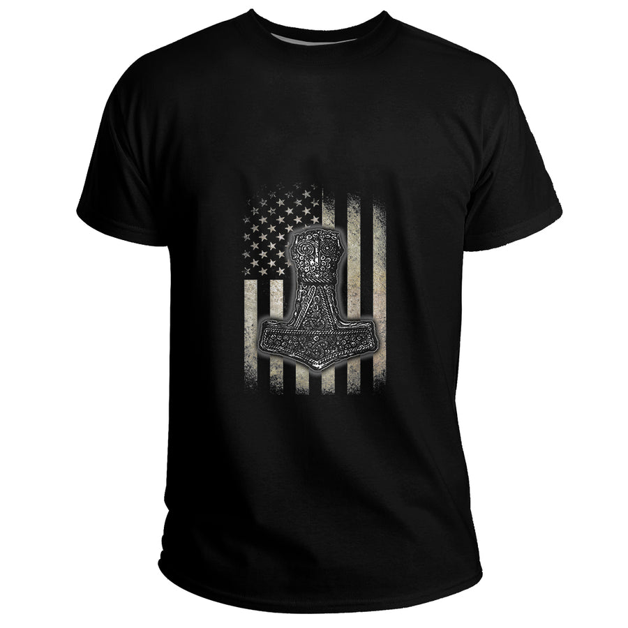 Tspinners Clothing (Custom) - Mjolnir Hammer American Viking Flag Basic T-Shirt A35