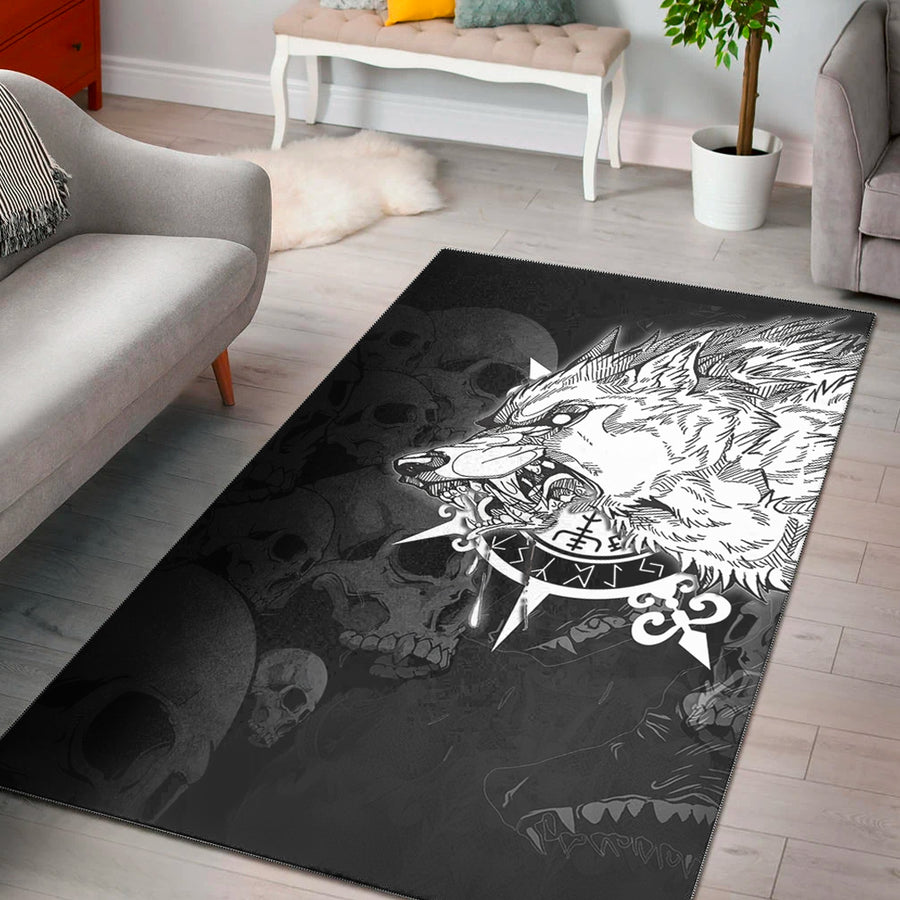 Tspinners Area Rug - Fenrir Wolf Skull and Sun Vegvisir Area Rug A35