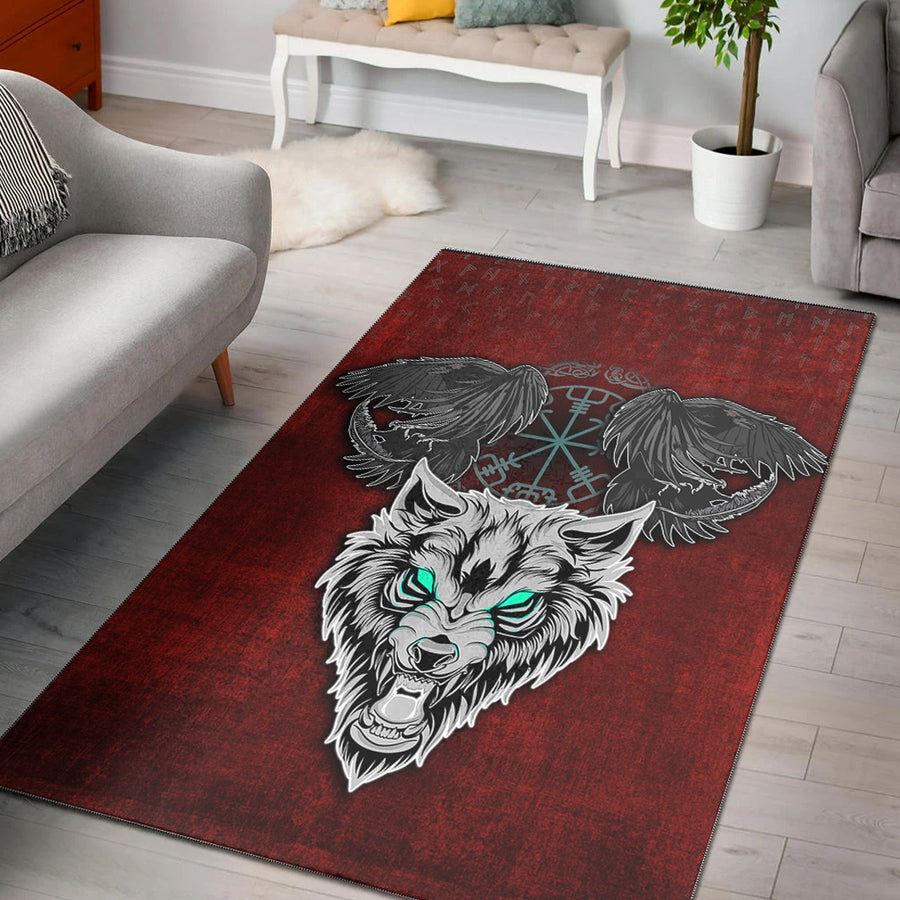 Tspinners Area Rug - Fenrir Hugin and Munin Green Vegvisir Rune Area Rug A35