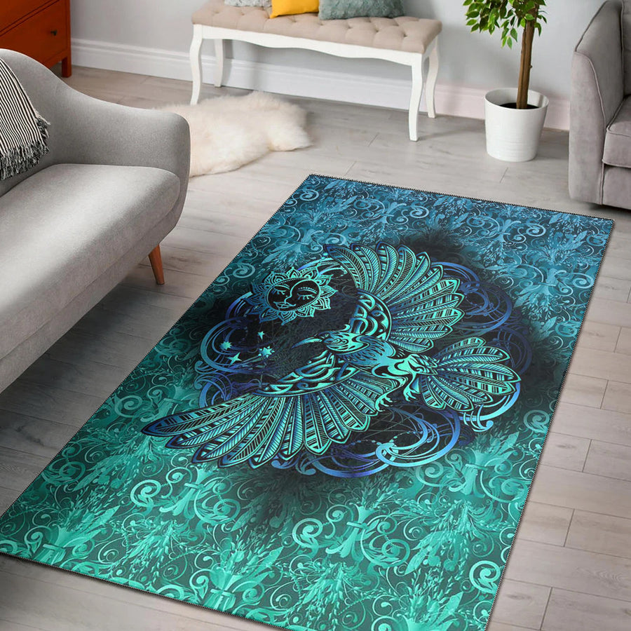 Tspinners Area Rug - Odin's Celtic Raven on the Background Yggdrasil Tree Cyan Celtic Tattoo Area Rug A35