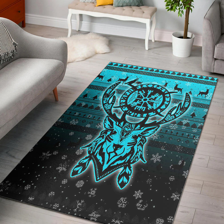 Tspinners Area Rug -Viking Reindeer Vegvisir Cyan Area Rug A94