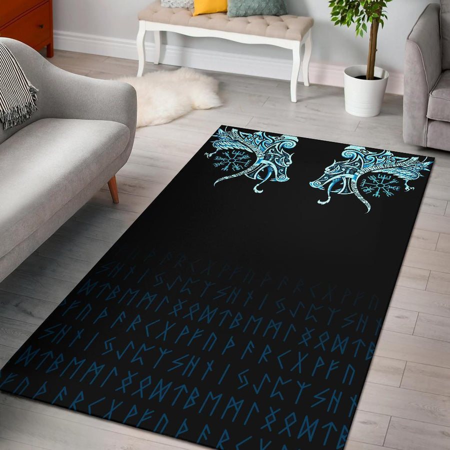 Tspinners Area Rug, Fenrir Raven And Vegvisir Tattoo Cyan A31