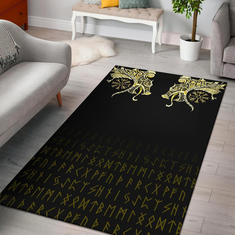 Tspinners Area Rug, Fenrir Raven And Vegvisir Tattoo Yellow A31