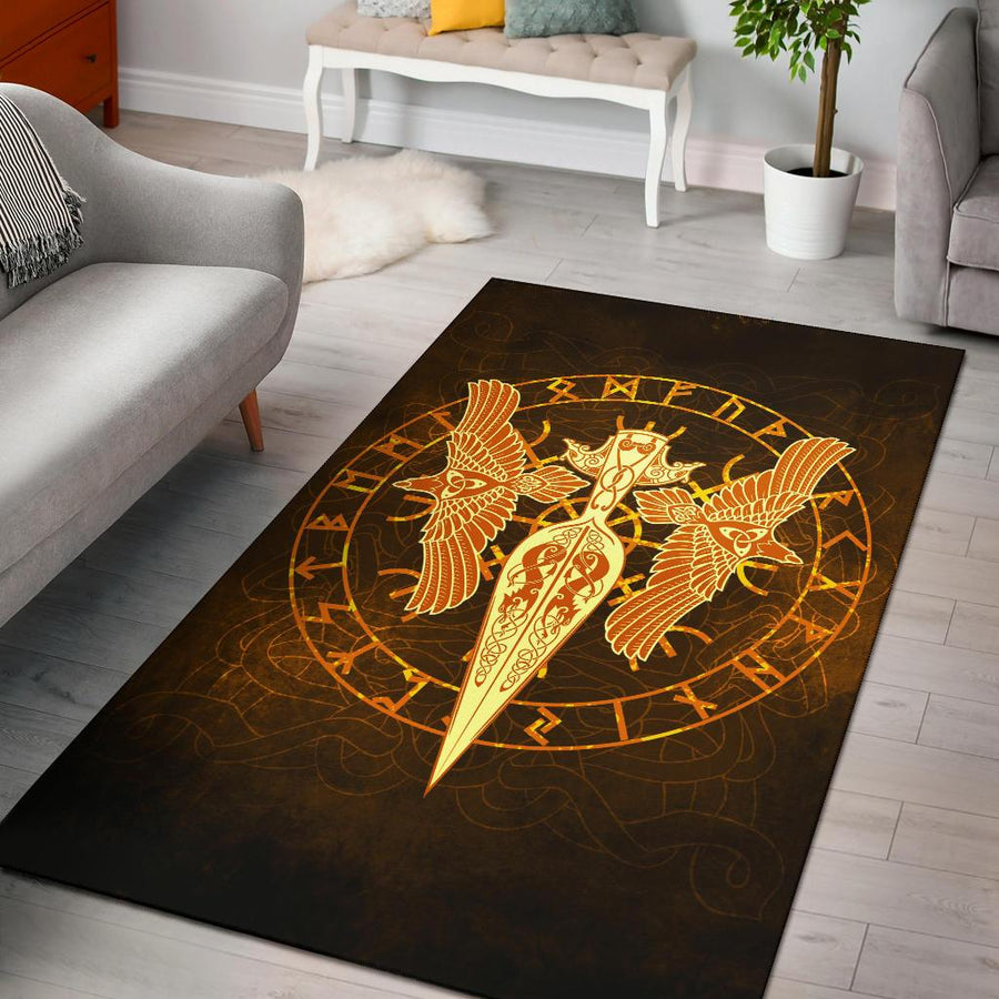 Tspinners Area Rug Gold Spear Of The God Odin - Gungnir And Two Gold Ravens A27