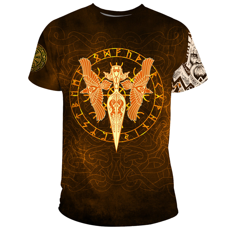 Tspinners T-Shirt Gold Spear Of The God Odin - Gungnir And Two Gold Ravens A27