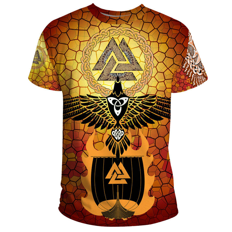 Tspinners T-Shirt - Raven Of Odin And Drakkar On Fire On Vignette Gold Valknut A27