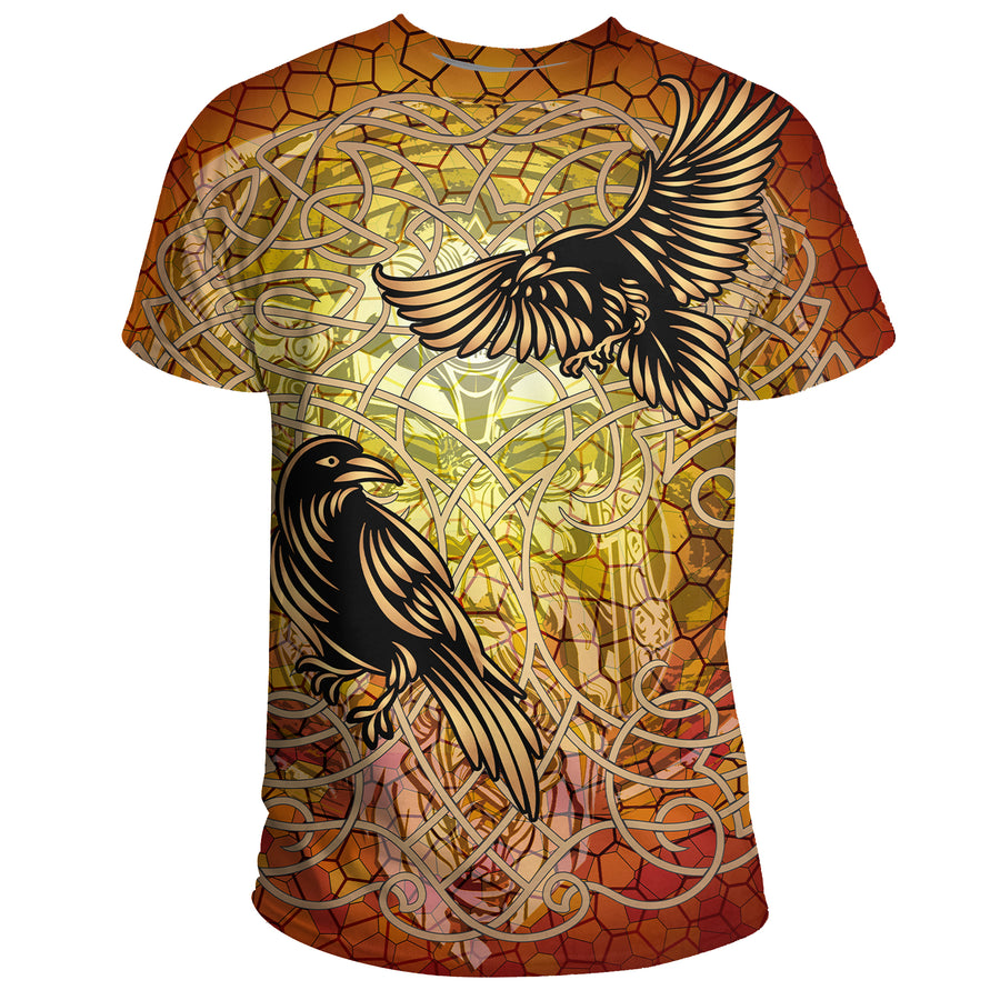 Tspinners - Celtic Symbol T-Shirt - Huginn and Muninn of Odin on Yggdrasil Gold A27