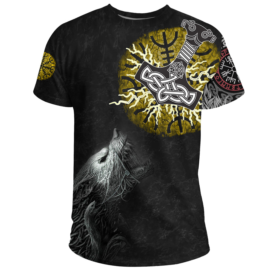 (Custom) Tspinners T-Shirt - Fenrir Fight Mjolnir of Thor on Helm Of Awe A27