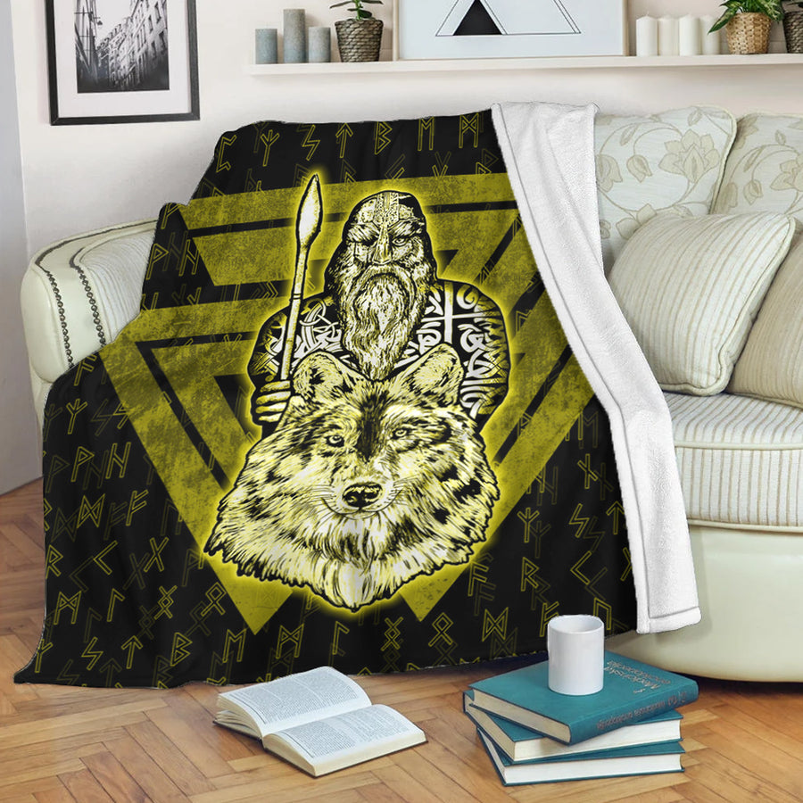 Tspinners Premium Blanket -Viking Odin Wolf Gold Premium Blanket A95