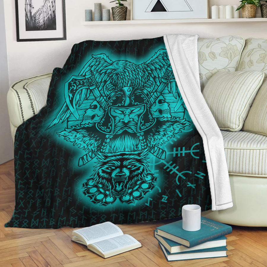 Tspinners Premium Blanket -Odin And Raven Wolf Turquoise Viking Homeset Premium Blanket A95
