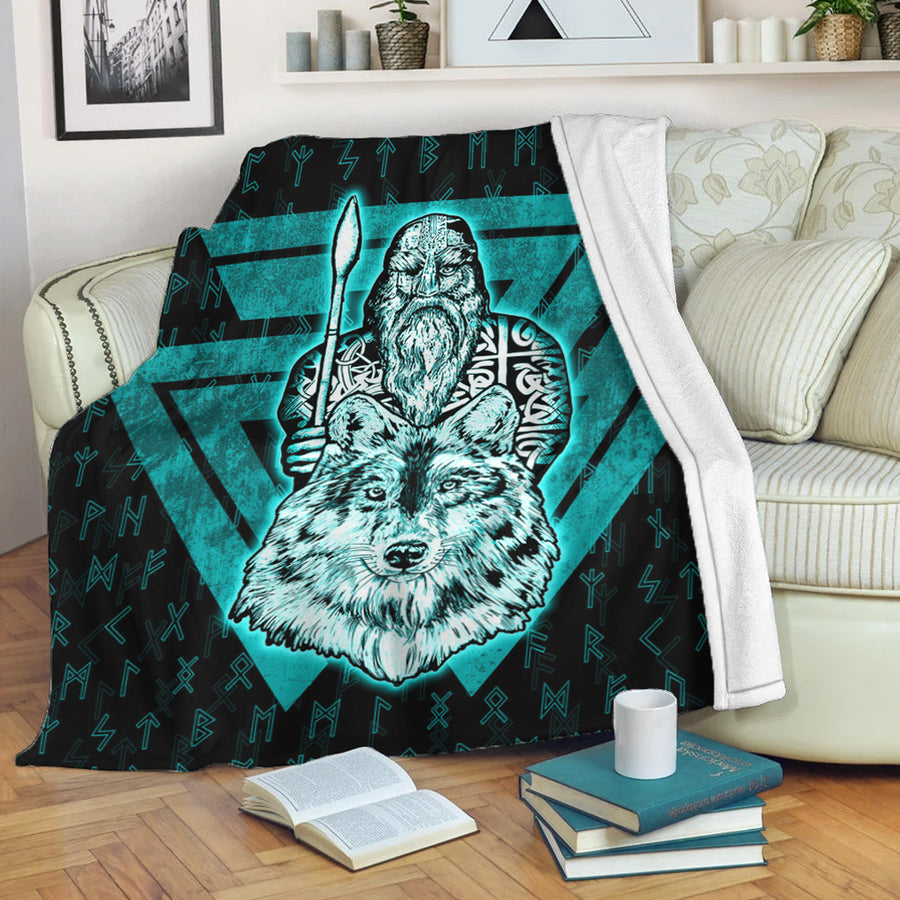 Tspinners Premium Blanket -Viking Odin Wolf Turquoise Premium Blanket A95