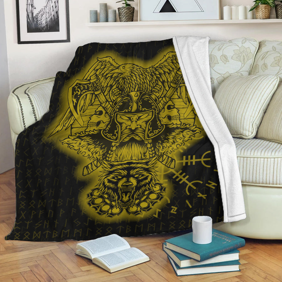 Tspinners Premium Blanket -Odin And Raven Wolf Gold Viking Homeset Premium Blanket A95