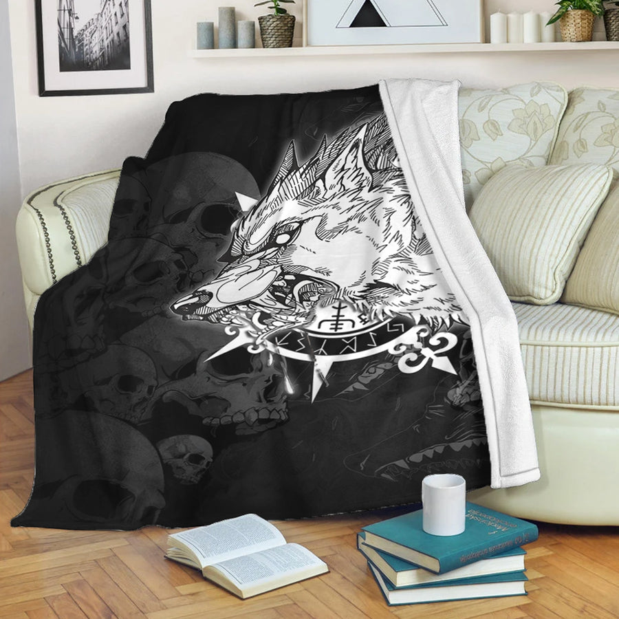 Tspinners Premium Blanket - Fenrir Wolf Skull and Sun Vegvisir Premium Blanket A35