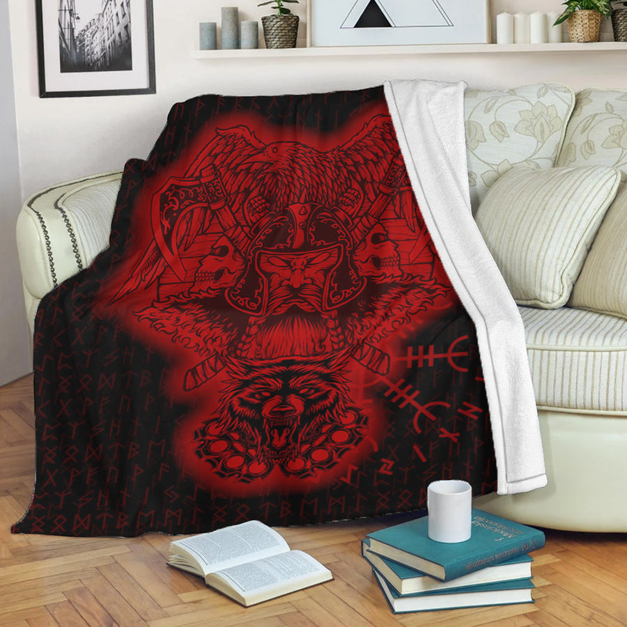 Tspinners Premium Blanket -Odin And Raven Wolf Red Viking Homeset Premium Blanket A95