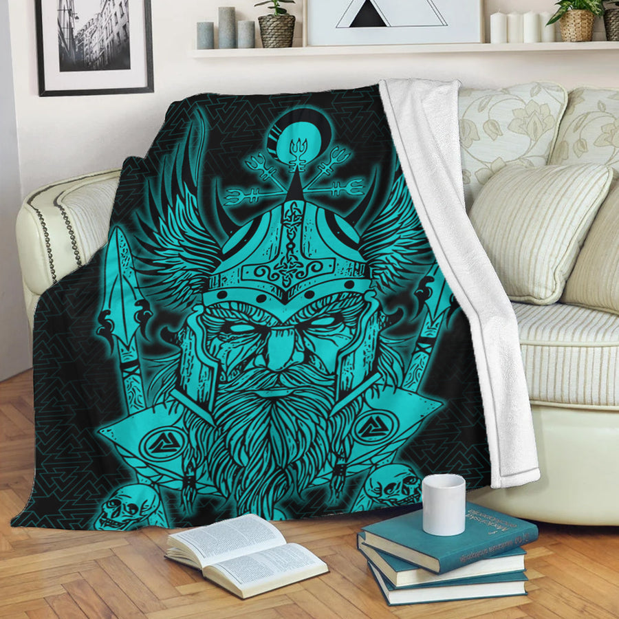 Tspinners Premium Blanket -Odin And Raven Turquoise Text Viking Homeset Premium Blanket A95