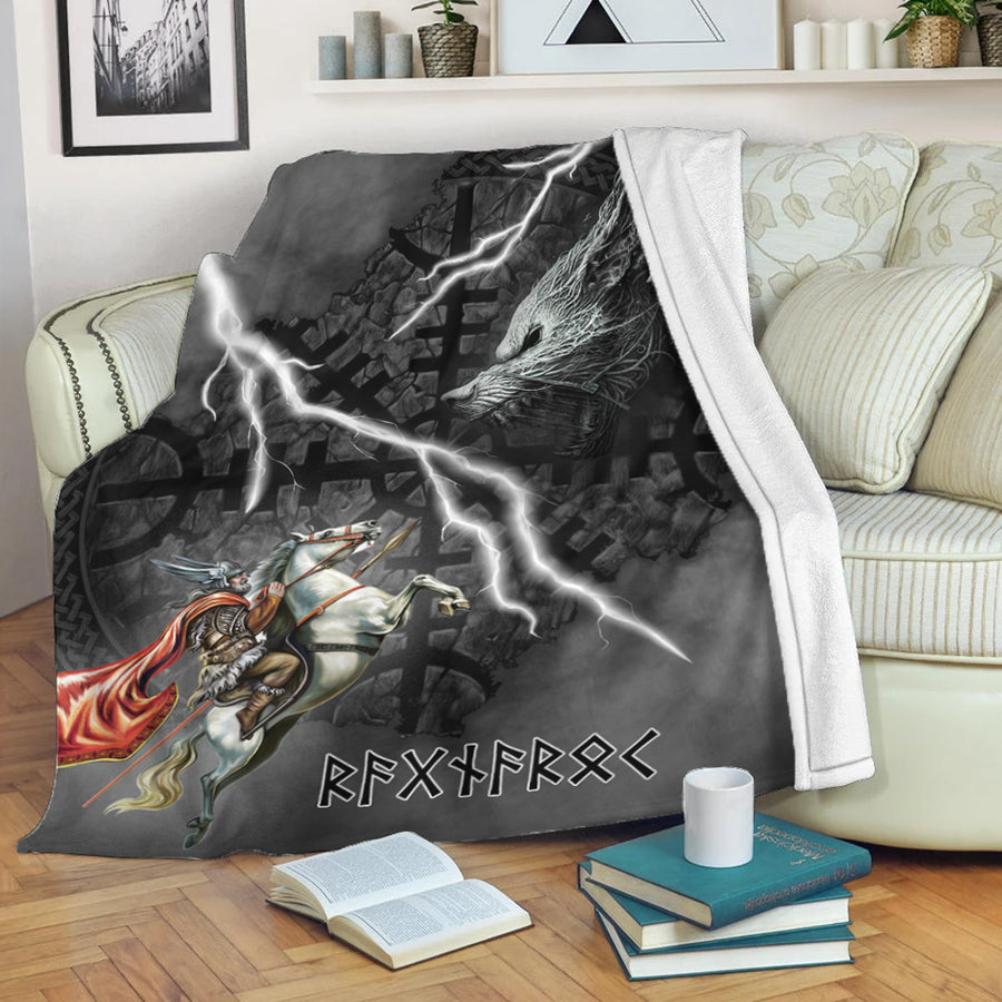 Tspinners Premium Blanket - Odin and Fenrir Thunder Background Premium Blanket A35