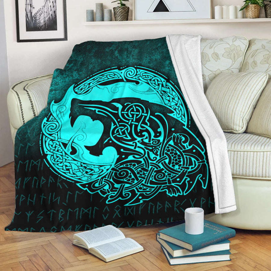Tspinners Premium Blanket - Fenrir Viking 3D Tattoo - Cyan Version Premium Blanket A7
