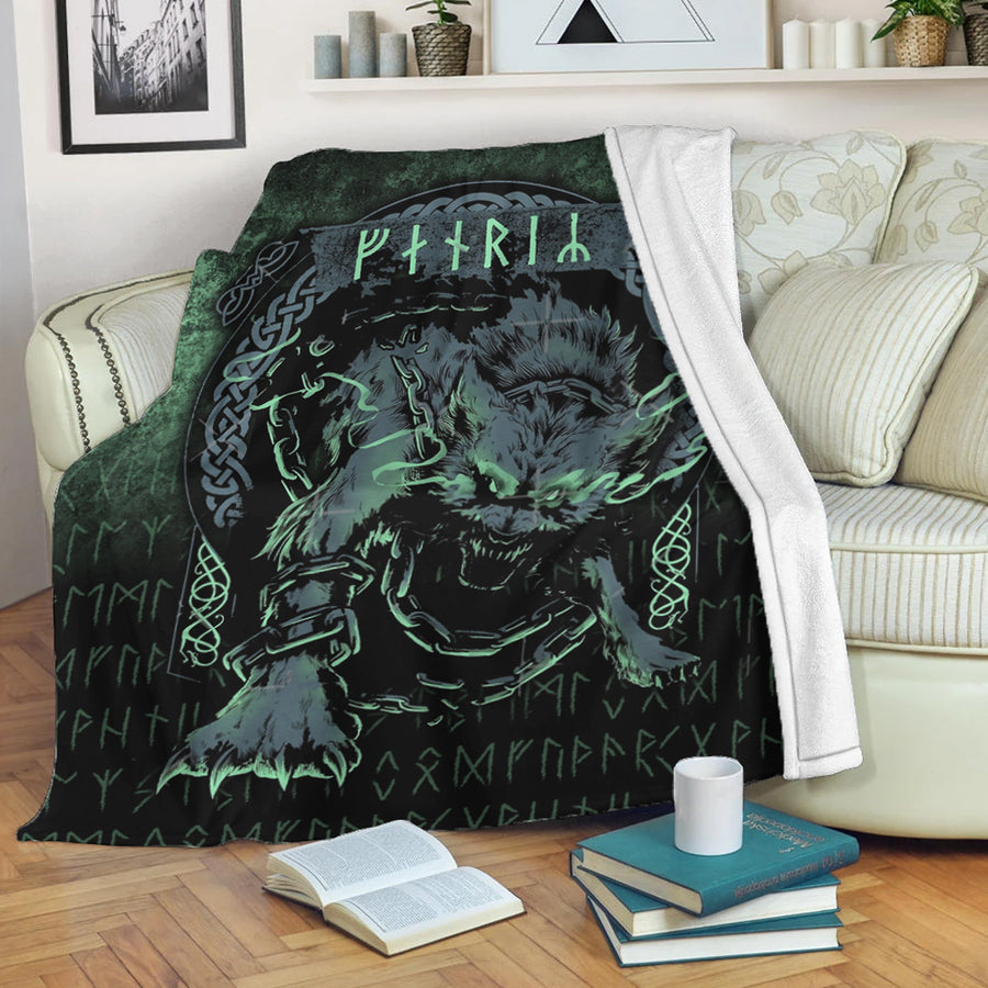 Tspinners Premium Blanket - Fenrir Wolf Norse Futhark Runes Viking Mythology Ragnarok Green Premium Blanket A7