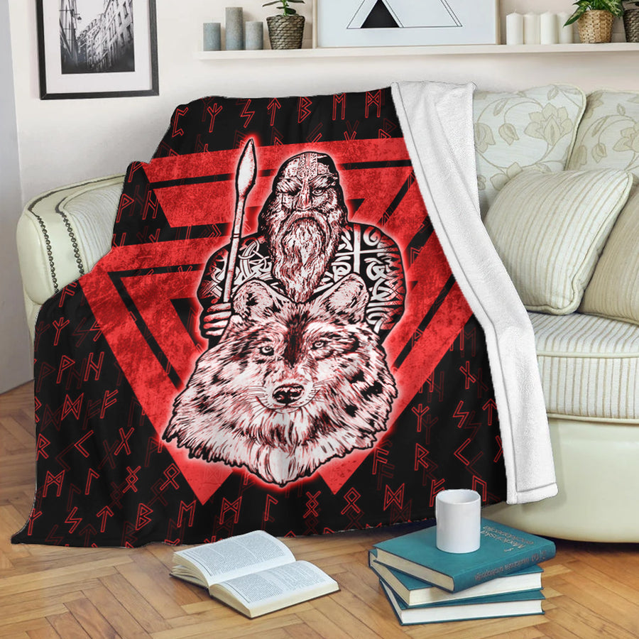 Tspinners Premium Blanket -Viking Odin Wolf Red Premium Blanket A95