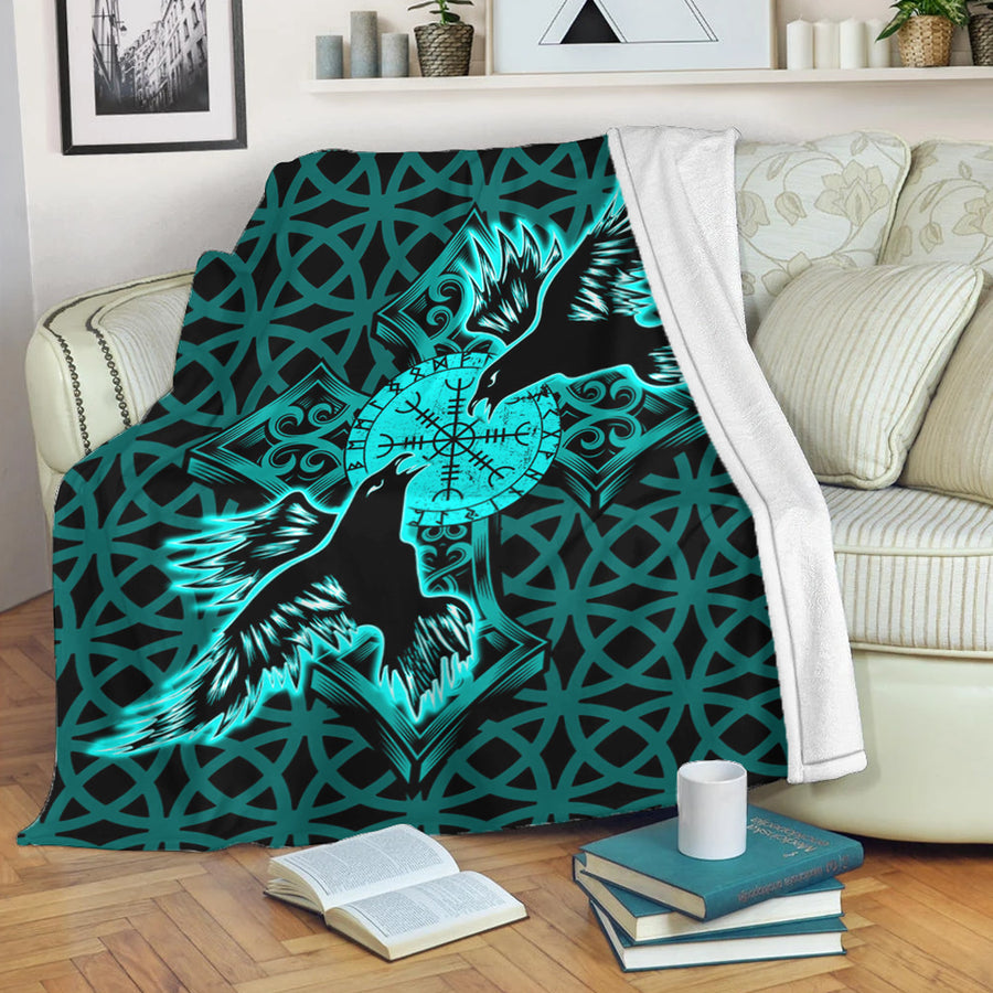 Tspinners Premium Blanket -Viking Raven Cross Turquoise Premium Blanket A95