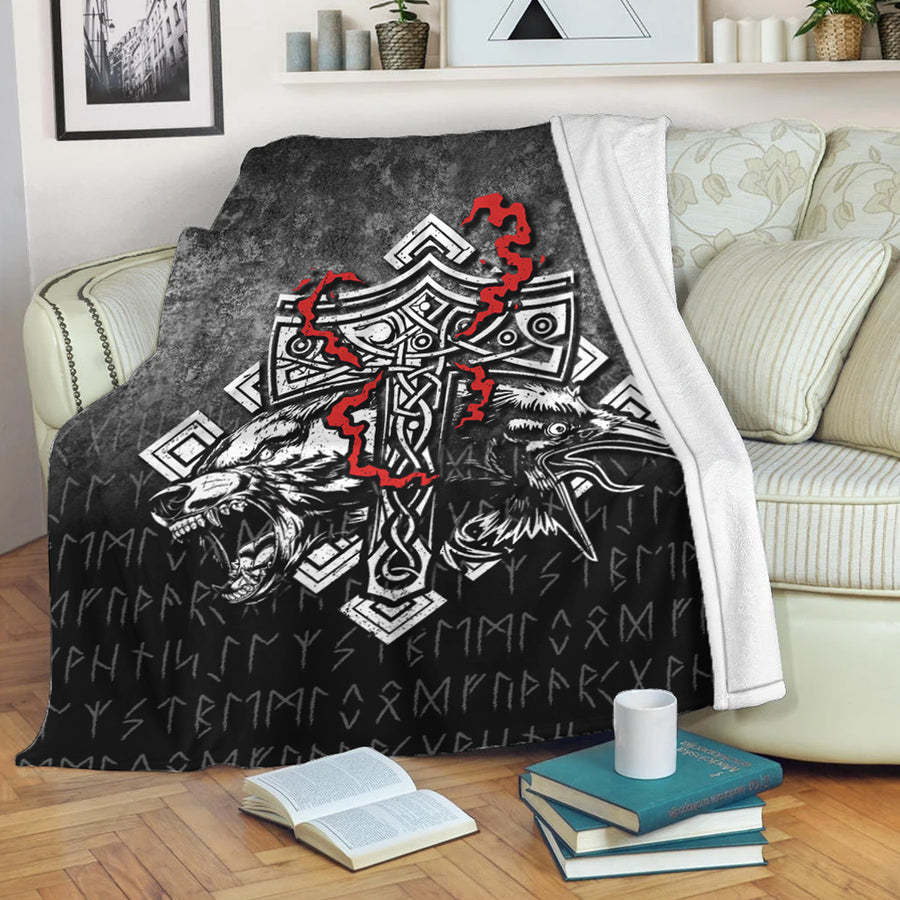 Tspinners Premium Blanket -Thor-Hammer-Mjolnir-Rune-Protection-Odin-Raven-Viking Premium Blanket A7