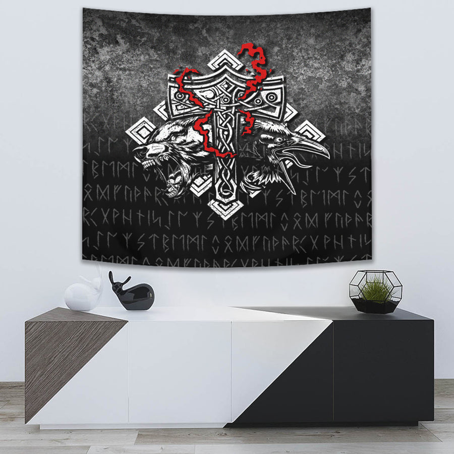 Tspinners Tapestry -Thor-Hammer-Mjolnir-Rune-Protection-Odin-Raven-Viking Tapestry A7