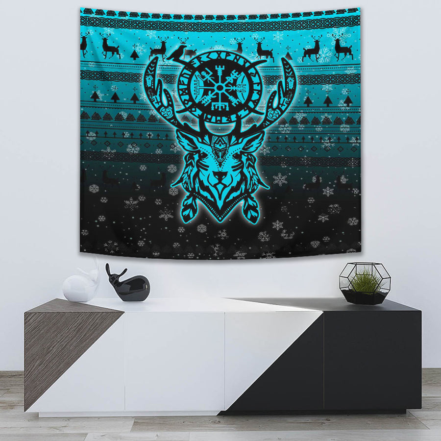 Tspinners Tapestry -Viking Reindeer Vegvisir Cyan Tapestry A94