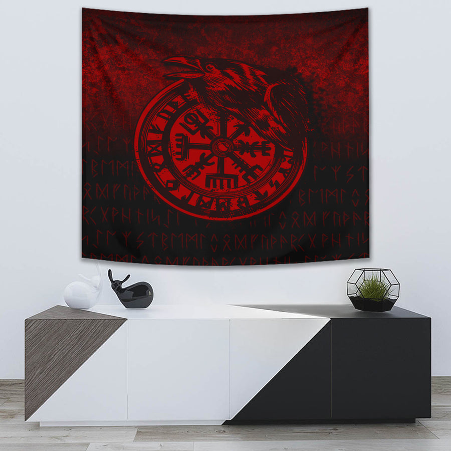 Tspinners Tapestry - Viking Vegvisir Rune with Crow - Red Version Tapestry A7