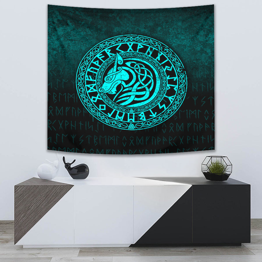 Tspinners Tapestry - Viking Wolf - Cyan Version Tapestry A7