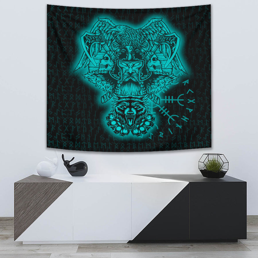 Tspinners Tapestry -Odin And Raven Wolf Turquoise Viking Homeset Tapestry A95