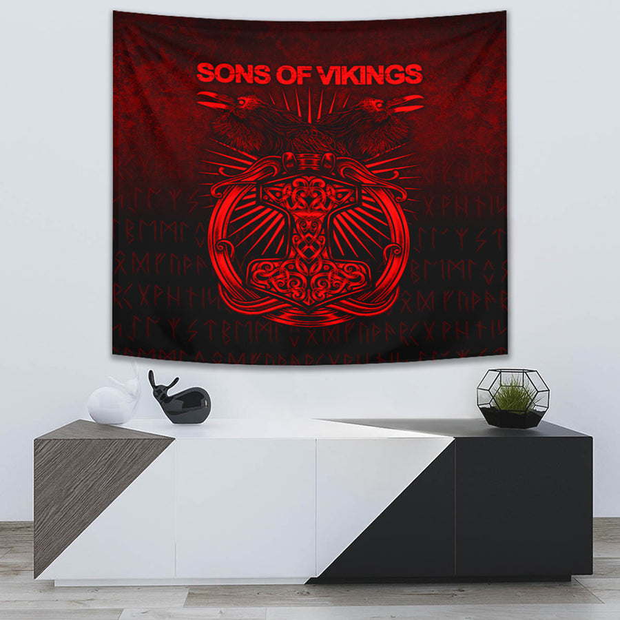 Tspinners Tapestry - Vikings Ravens Mjolnir - Red Version Tapestry A7