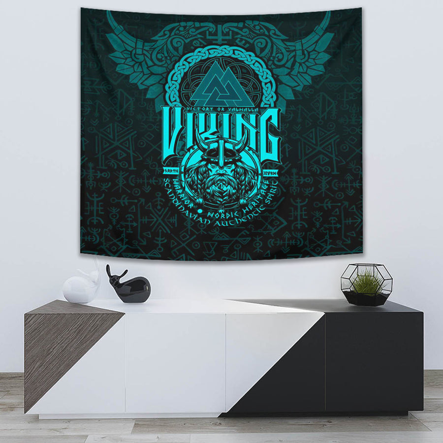 Tspinners Tapestry -Viking Warriors Valknut Cyan Tapestry A94