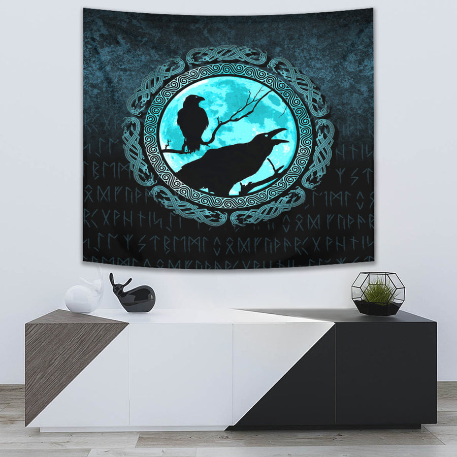 Tspinners Tapestry - Vikings Huginn Muninn Odinâ€™s Ravens - Cyan Version Tapestry A7