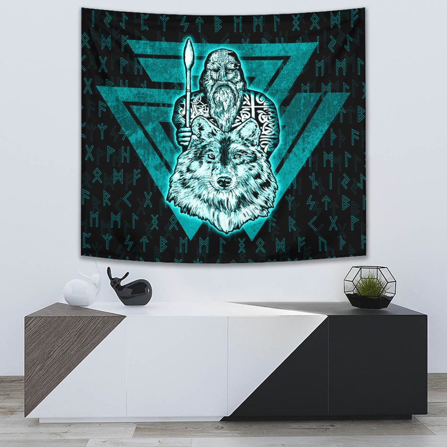 Tspinners Tapestry -Viking Odin Wolf Turquoise Tapestry A95