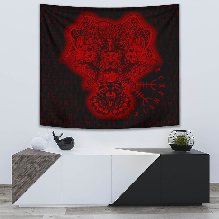 Tspinners Tapestry -Odin And Raven Wolf Red Viking Homeset Tapestry A95